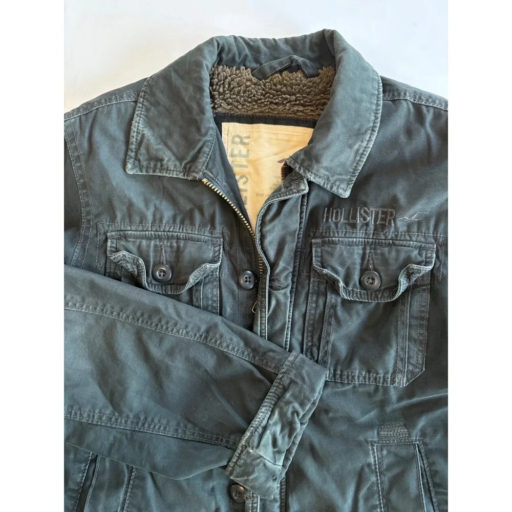 VTG Hollister Mens Medium Y2K Sherpa Lined Canvas Jacket Charcoal Grunge Trucker